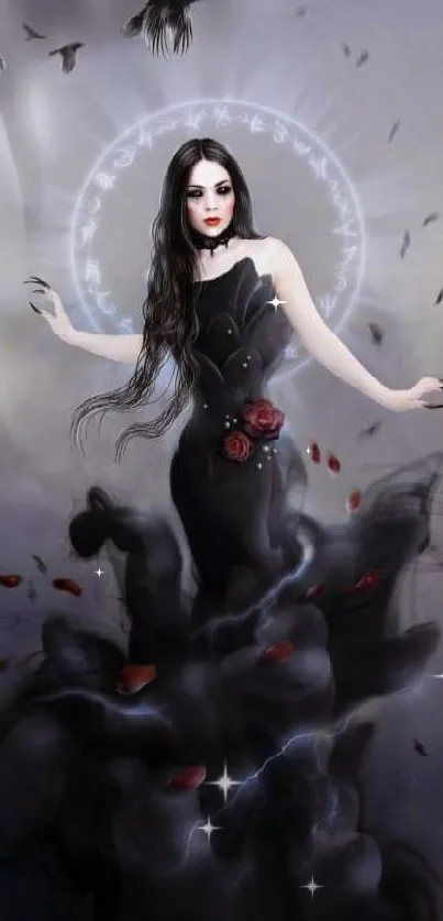 Mystical dark fantasy woman with crows and symbols.