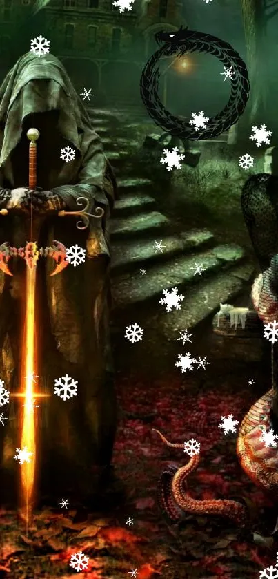 Mystical wallpaper with hooded figure and glowing sword.