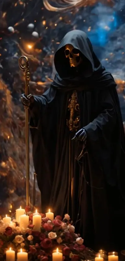 Dark cloaked figure with candles and golden mask in mystical setting.