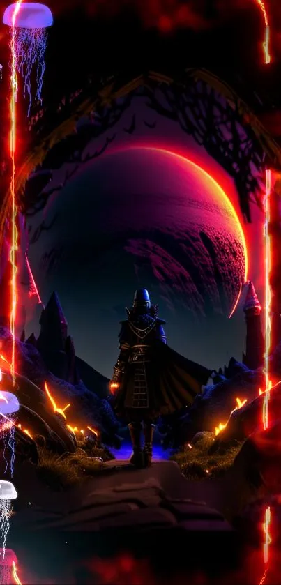 Dark fantasy wallpaper with vibrant red glow and mystical elements.