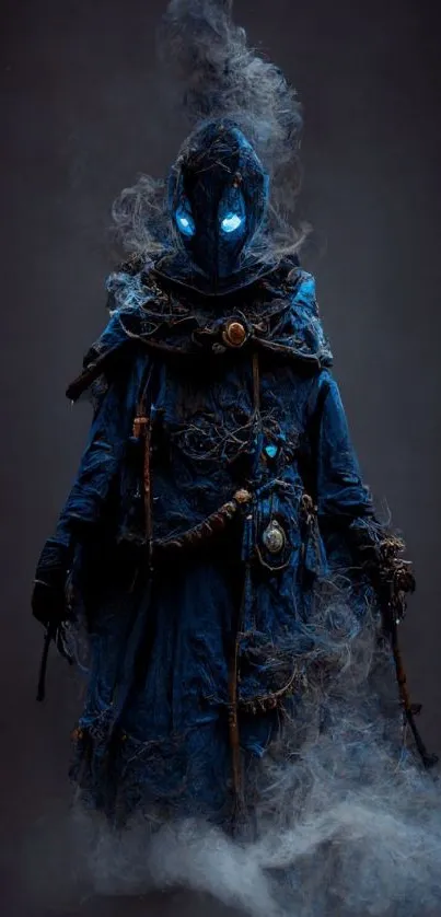 Mystical dark figure with blue eyes and smoke in a shadowy background.