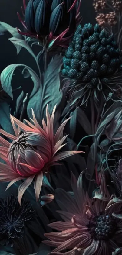 Dark and mystical floral wallpaper with vibrant blooms.