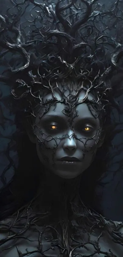 Mystical dark figure entwined in branches with glowing eyes on a dark blue background.