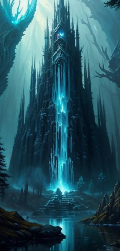 Enchanted castle in dark, mystical forest with blue glow.