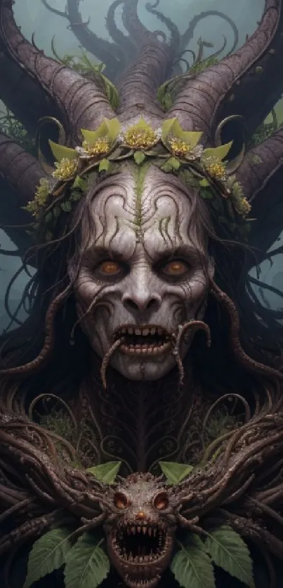 Mystical dark forest creature with vines and floral crown in eerie wallpaper.