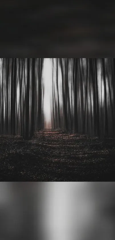 A mystical dark forest with blurred tree trunks, creating an eerie atmosphere.