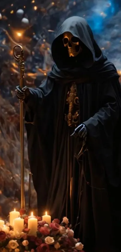 A hooded figure with a golden skull by candlelight.