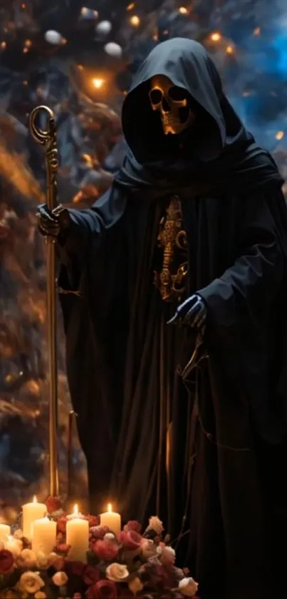 A hooded figure with a skull mask among candles and cosmic background.