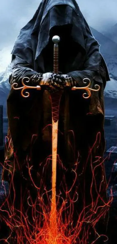 Hooded figure with sword and embers against mountain background.