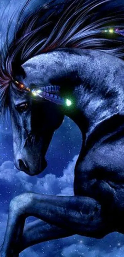 Majestic black horse against a starry night sky wallpaper.