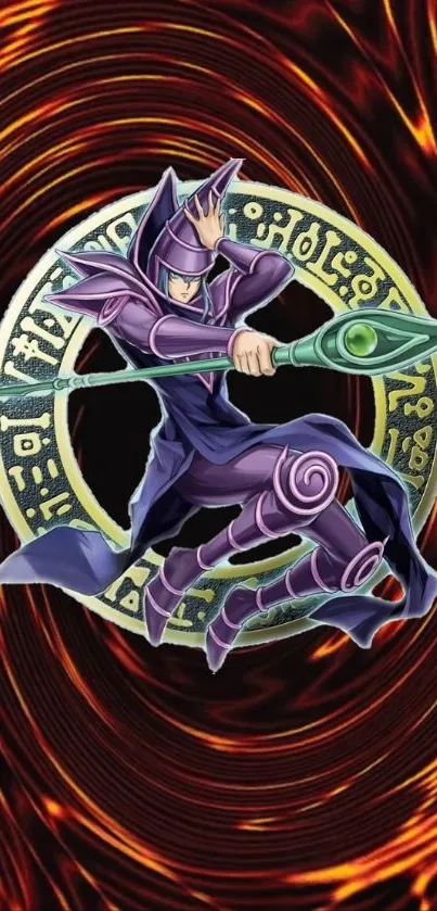 Dark Magician in swirling vortex background wallpaper.