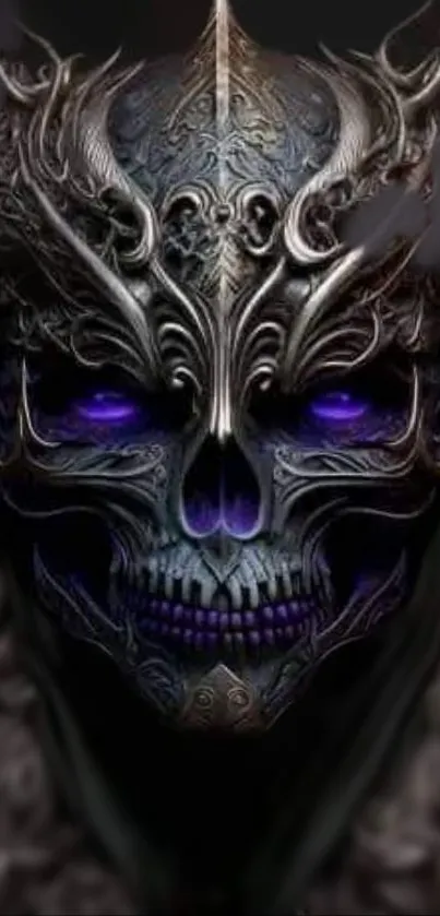 Mystical dark mask with deep purple eyes in ornate design.