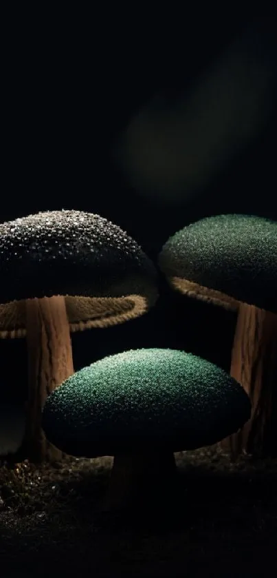 Dark mystical wallpaper with illuminated mushrooms in an enchanting scene.