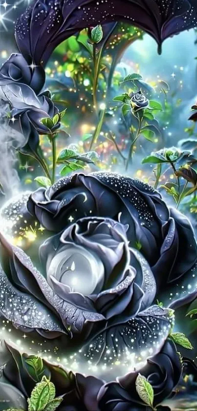 Mystical dark rose glowing in a luminous forest setting.