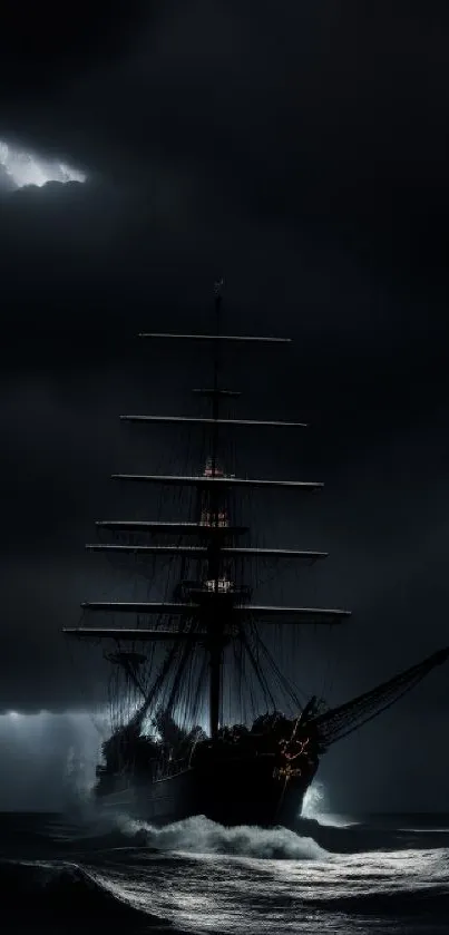 A dark ship sails through stormy seas under an ominous sky.