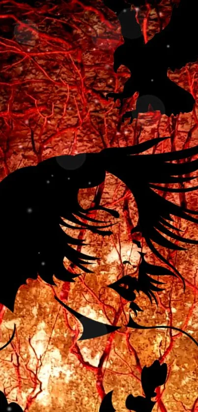 Mystical dark silhouette art with fiery orange background.