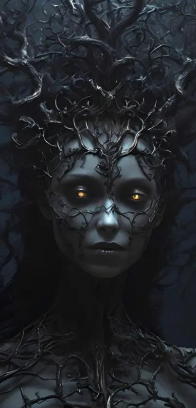 Dark mystical woman with tree-like branches and glowing eyes.