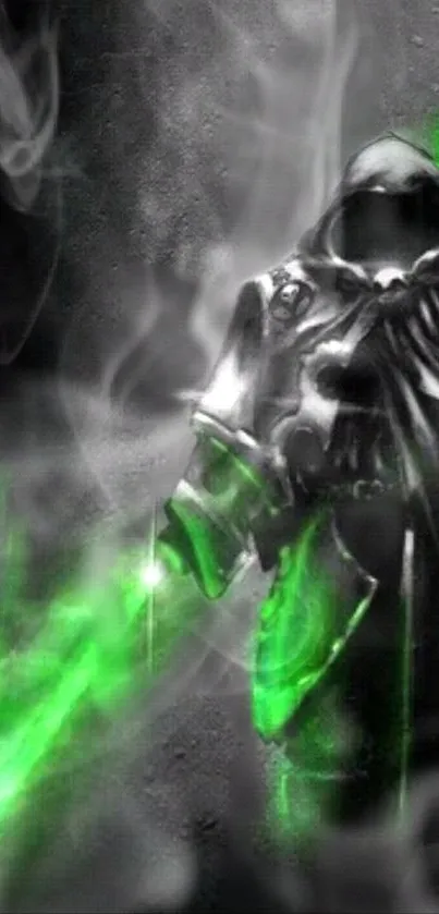 Dark cloaked warrior with green energy in ethereal mist.