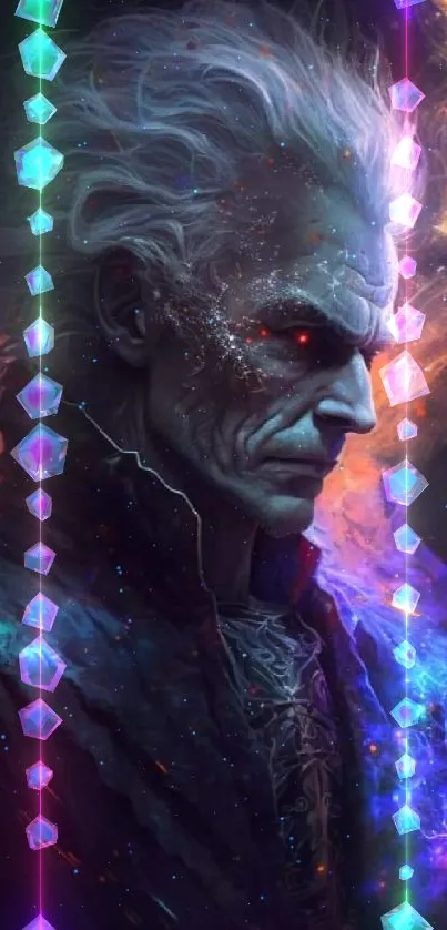 Dark wizard with cosmic aura in vibrant colors.