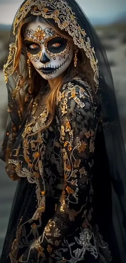 Day of the Dead themed ornate black attire.