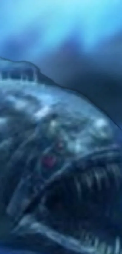 Fantasy deep-sea creature with sharp teeth in dark blue ocean.