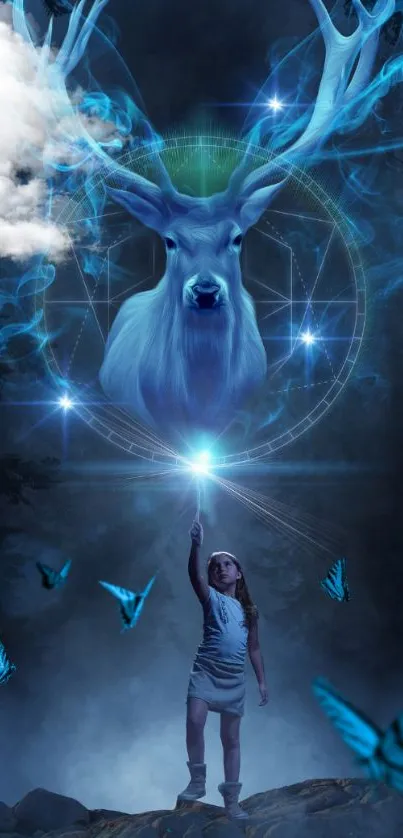 Fantasy wallpaper with luminous deer and girl under a mystical blue sky.