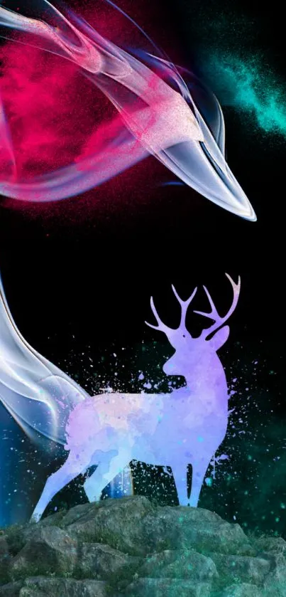 Mystical deer in vibrant abstract art with swirling colors.