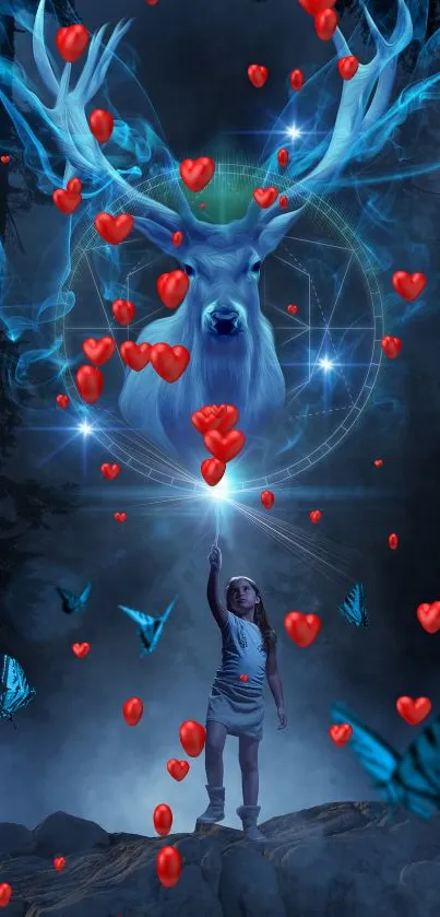 Fantasy scene with glowing deer, child pointing up, and blue butterflies at night.