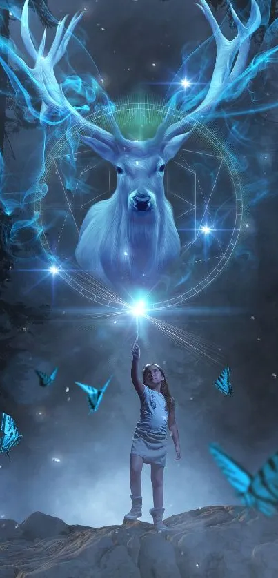 Mystical deer with glowing antlers and young girl in a dreamy forest scene.