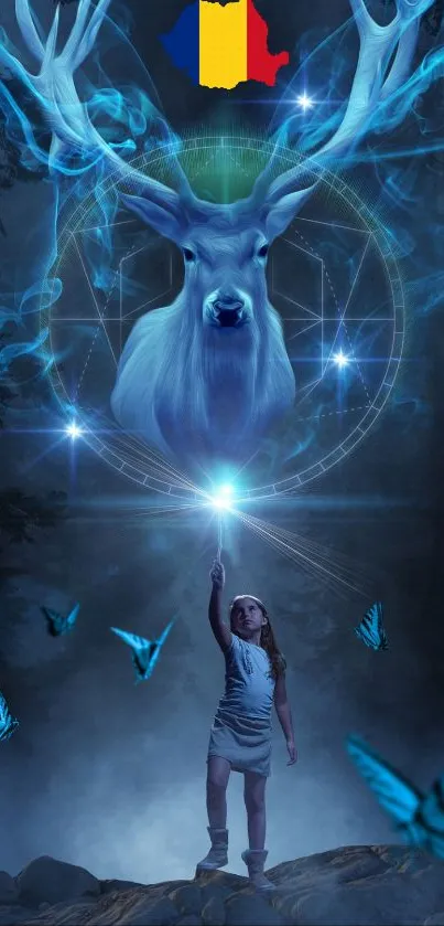 Magical scene with a white deer and a girl under blue light.