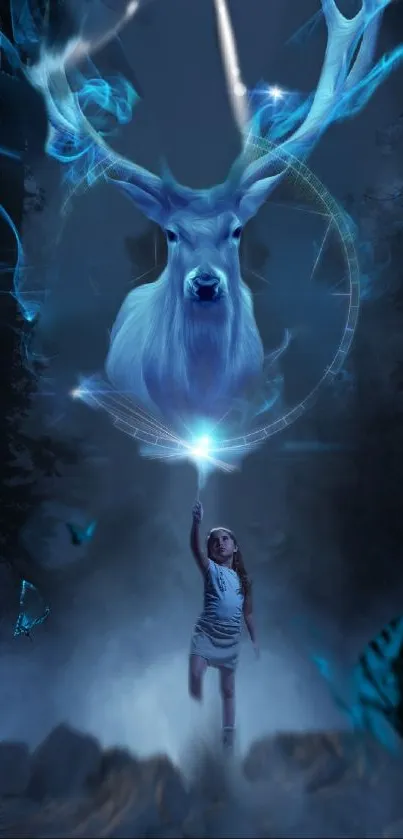 A mystical wallpaper featuring a luminous deer and a girl pointing to the sky.