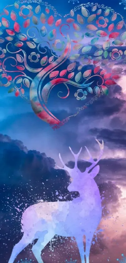 Mystical deer with heart amid stormy sky wallpaper.