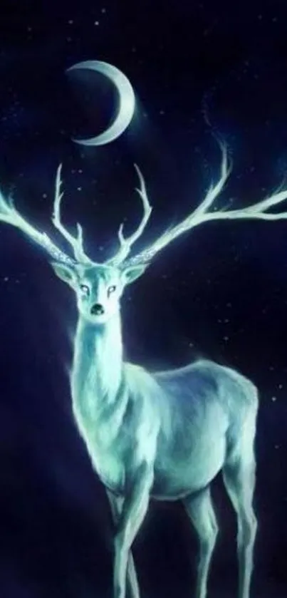 Mystical white deer standing under a crescent moon and starry sky.