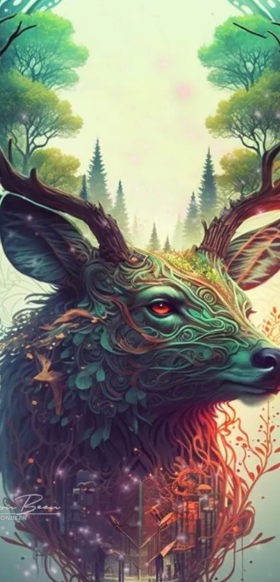 Mystical fantasy deer art in lush forest setting.