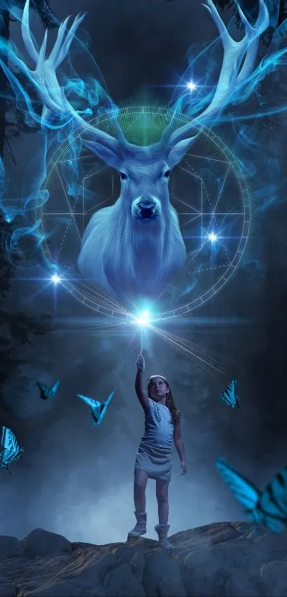 Magical blue aura with mystical deer and butterflies in forest.