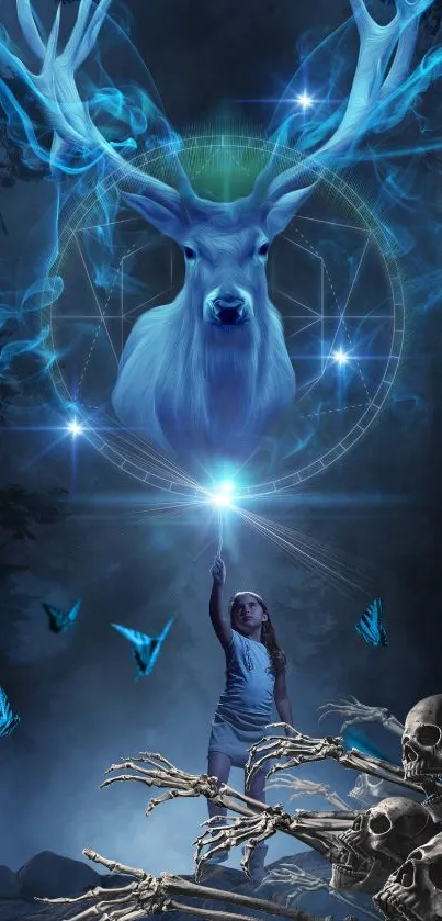 Mystical fantasy wallpaper with a glowing deer and blue tones.