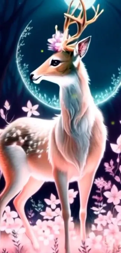 Mystical deer with vibrant flowers under moonlit sky.