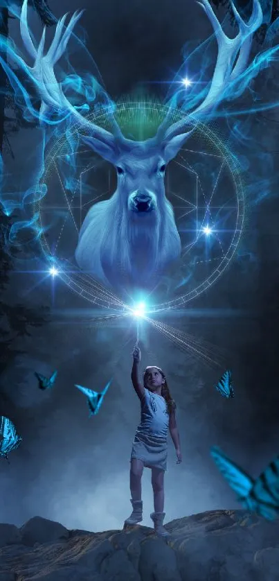 A mystical deer floats above a girl in the dark forest, surrounded by blue butterflies.