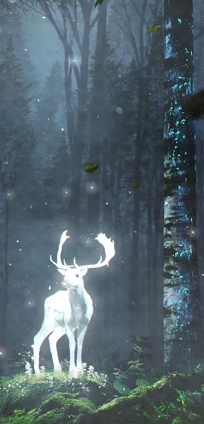 A glowing deer in mystical dark forest setting with enchanted atmosphere.