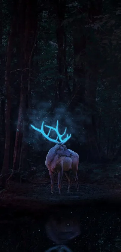 Mystical deer with glowing antlers in a dark forest scene.