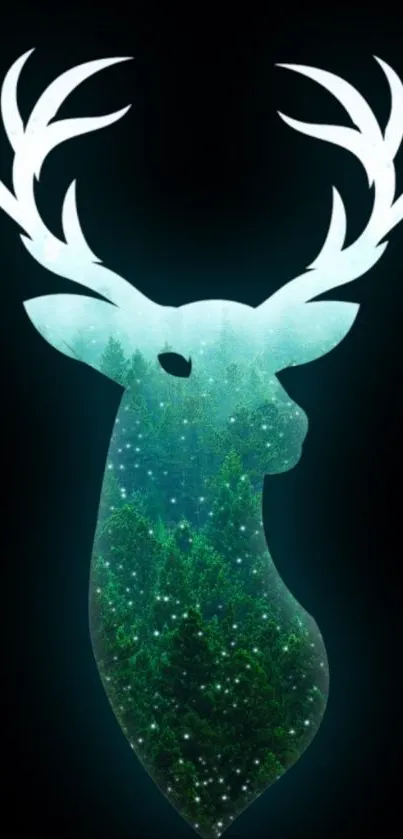 Mystical forest deer silhouette wallpaper in vibrant green tones.