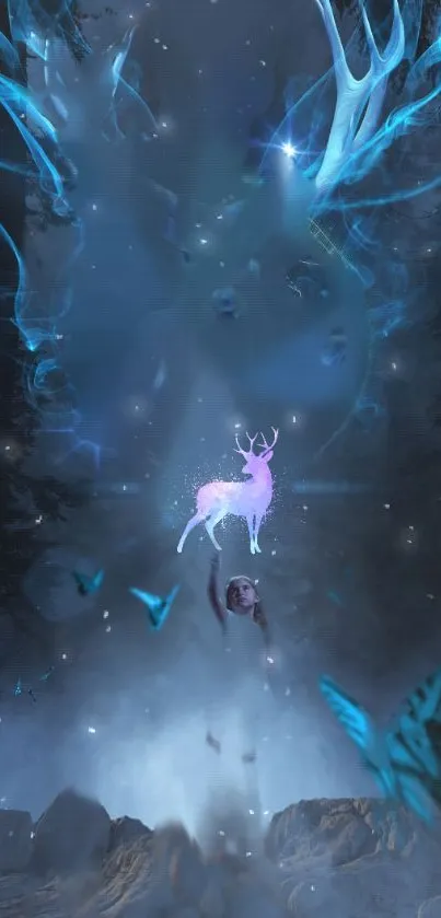 Mystical forest scene with blue tones and glowing deer against a night sky.