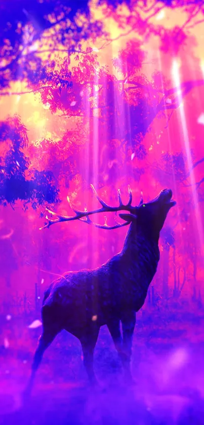 Mystical purple forest with deer at sunset.