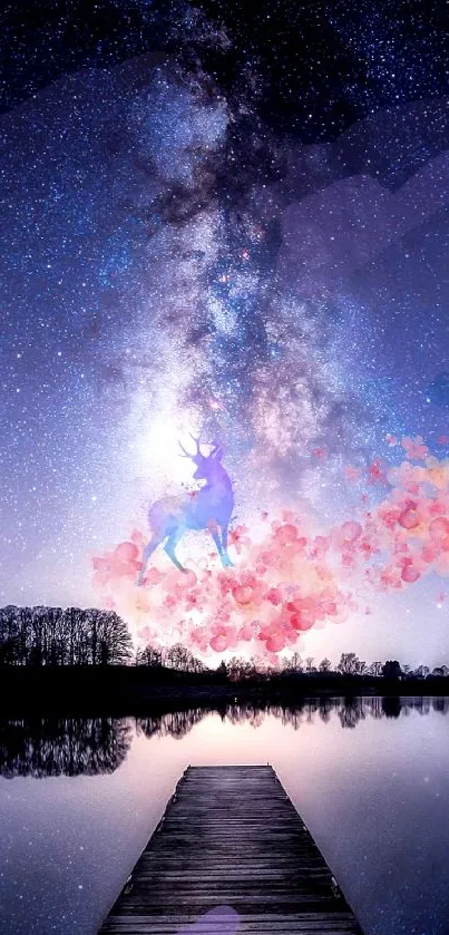 Mystical deer under a starry galaxy sky.