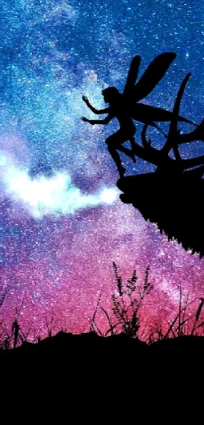 Silhouette of a deer and fairy under a galaxy night sky wallpaper.