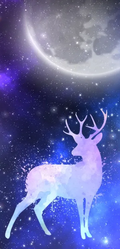 Mystical deer silhouette against a vibrant galaxy and moonlit sky.