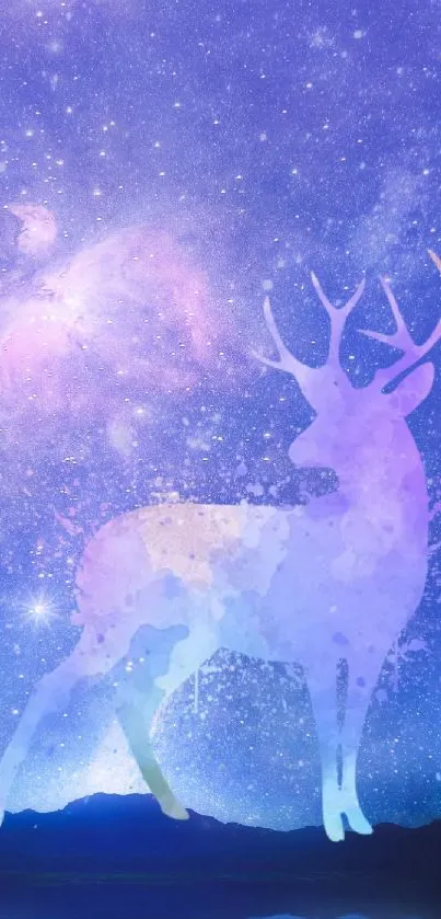 A mystical deer silhouette against a galaxy backdrop on a mobile wallpaper.