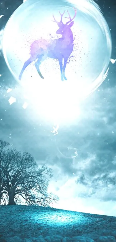 Mystical deer in a glowing blue sky with silhouetted trees.