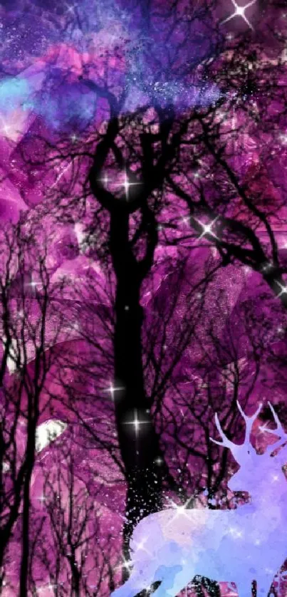 Mystical deer with purple crystals and starry sky background.