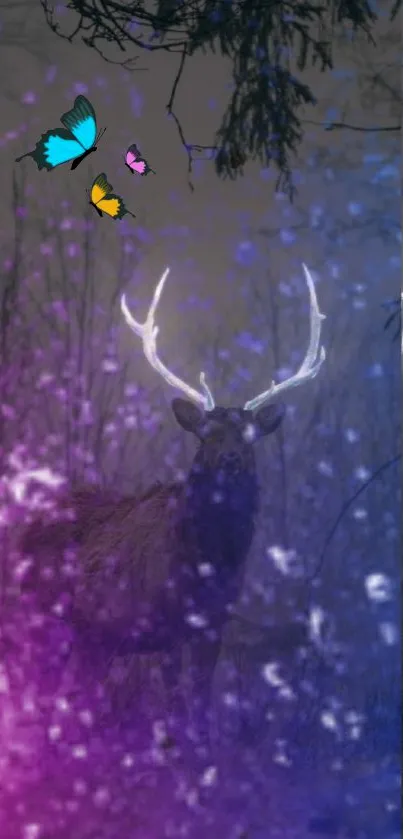 Mystical deer with glowing antlers in a vibrant purple and blue forest scene.